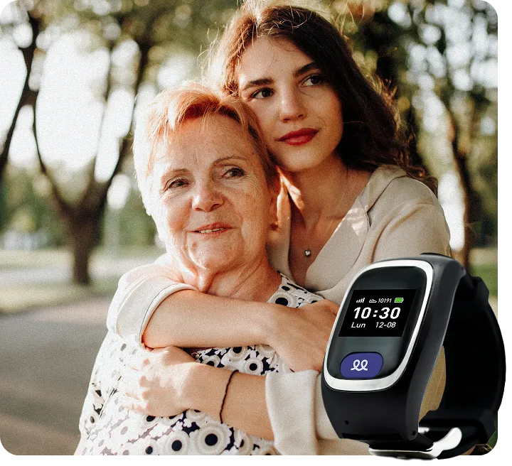 Persona anziana che indossa l'orologio Durcal insieme a un familiare